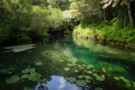 salterhwith translucent and peaceful water, surrounded by lush vegetation, created with generative aiの素材