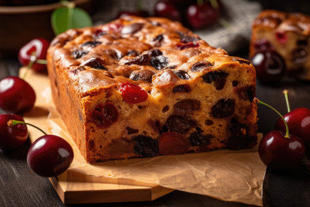 large slice of freshly baked fruitcake, topped with juicy and sweet cherry, created with generative aiの素材
