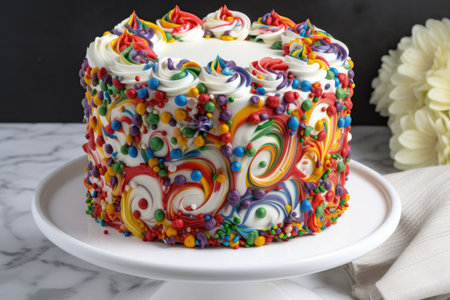 towering fruit cake, decorated with swirls of icing and colorful sprinkles, created with generative aiの素材