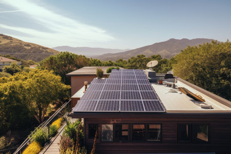 solar panels and installations on a residential roof, with view of the surrounding landscape, created with generative aiの素材