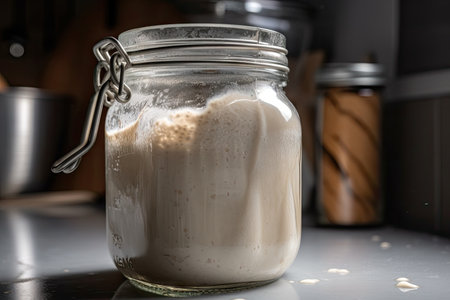 a glass jar of sourdough starter, with a bubbling and foamy fermentation, created with generative aiの素材
