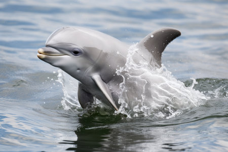 baby dolphin leaping out of the water and landing on its back, blowing water from its nose, created with generative aiの素材