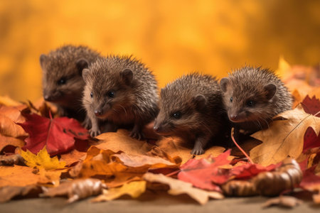 group of baby hedgehogs climbing and playing in pile of autumn leaves, created with generative aiの素材