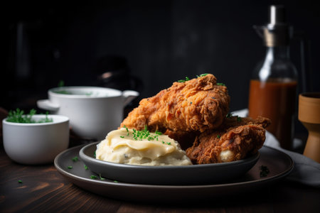 plate of fried chicken and mashed potatoes with creamy gravy, created with generative aiの素材