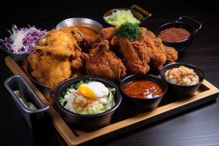 tray of sizzling and juicy fried chicken, paired with assorted side dishes, created with generative aiの素材