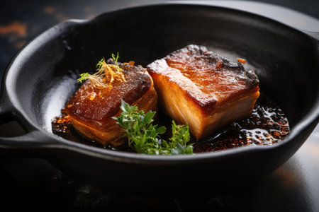 dish of sous-vide and slow-cooked pork belly, seasoned with spices and herbs, created with generative aiの素材