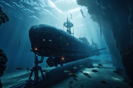 submersible exploring the depths of a mysterious abyss, with schools of fish swimming in the background, created with generative aiの素材