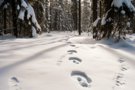 animal tracks and signs in snow-covered forest, with trees in the background, created with generative aiの素材