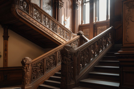 architectural detail of a grand staircase with intricate carvings and decor, created with generative aiの素材