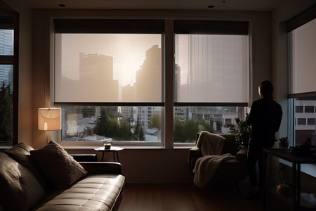 smart window treatment, with integrated sensors and motors, that adjusts to sunlight and temperature, created with generative aiの素材