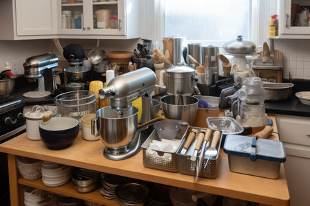 kitchen with variety of baking tools and equipment visible, including mixers, scales, bowls, and measuring cups, created with generative aiの素材
