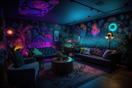 a blacklight-themed room, with decor and furnishings that pop in the dark, created with generative aiの素材