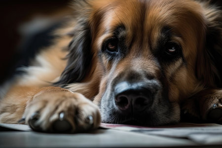 close-up of dogs paw, through newspaper, created with generative aiの素材
