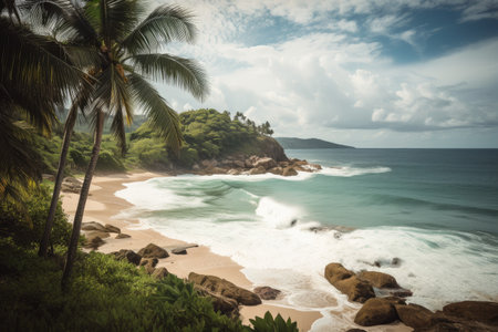tropical beachscape with palm trees and ocean in the background, created with generative aiの素材