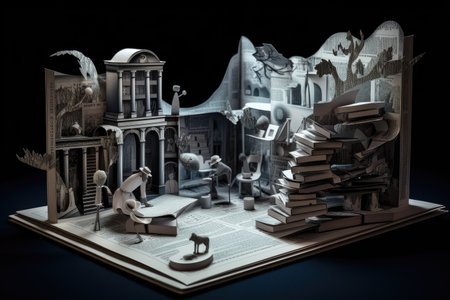 optical illusion of a 3d scene, with the objects and characters coming out of the page, created with generative aiの素材