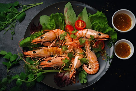 plate of tiger shrimp prawns, surrounded by mix of greens and spices, created with generative aiの素材
