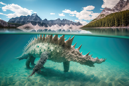 stegosaurus swimming in crystal-clear lake, created with generative aiの素材