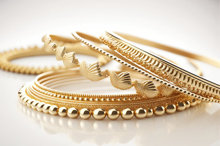 a row of delicate gold bracelets on white background, created with generative aiの素材