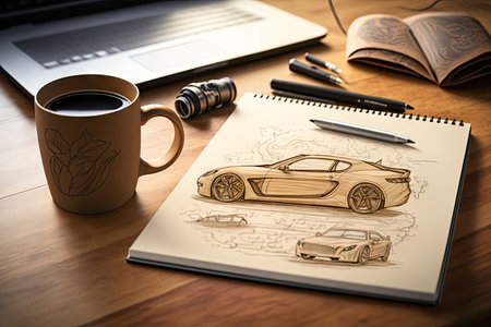 car design sketched on wooden table, with coffee cup and laptop in the background, created with generative aiの素材