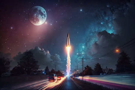 rocket launch into the night sky, with stars shining and city lights twinkling, created with generative aiの素材