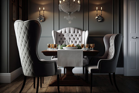 classic wingback armchair in elegant dining room with crystal chandelier, created with generative aiの素材