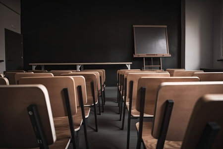 room filled with empty wooden row lecture chairs and chalkboard for presentations, created with generative aiの素材