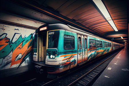 graffiti-covered subway platform, with the busy trains running above, created with generative aiの素材