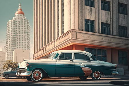 vintage car parked in front of contemporary building, with view of the city skyline, created with generative aiの素材