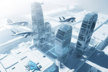 architectural blueprints of futuristic city, with flying cars and advanced technology, created with generative aiの素材
