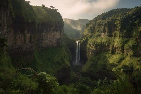 lush jungle growing on the cliffs of a canyon, with waterfalls and wildlife, created with generative aiの素材