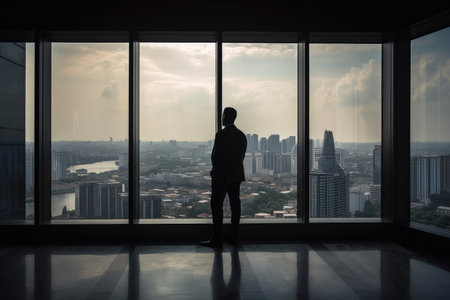 person, looking at view of city skyline from the window of skyscraper office, created with generative aiの素材