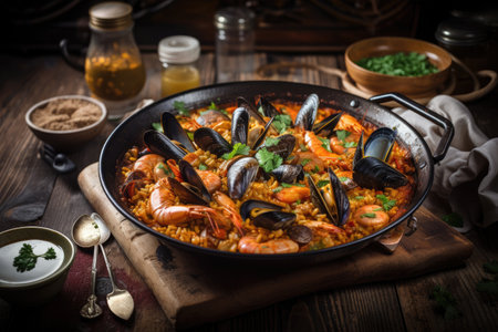 enormous serving of seafood paella, topped with sizzling hot oil and spices, created with generative aiの素材