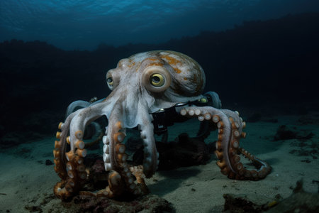 robot octopus, with eight tentacles and camera eyes, explores underwater depths, created with generative aiの素材