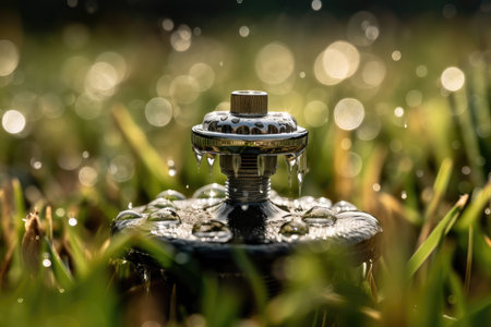 close-up of sprinkler, with droplets of water visible, created with generative aiの素材