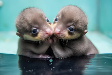 baby otters floating on their backs, holding hands and staring into each others eyes, created with generative aiの素材