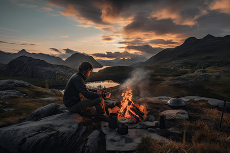 backpacker cooking dinner over campfire, surrounded by breathtaking scenery, created with generative aiの素材