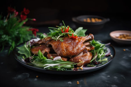 hot plate of fried duck, with fresh herbs and spices used for garnish, created with generative aiの素材
