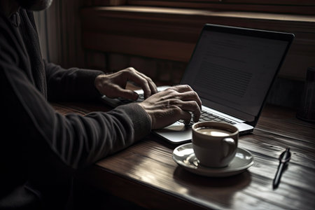person, working from home, with laptop and coffee, created with generative aiの素材