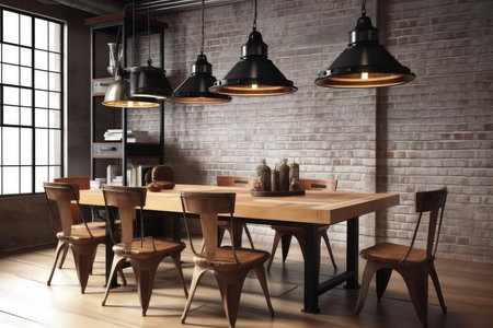 industrial dining table, with simple chairs and industrial lighting, created with generative aiの素材