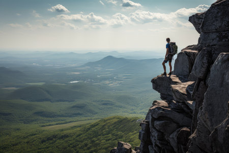 rock climber reaches the top of a challenging climb, overlooking vast and beautiful landscape, created with generative aiの素材