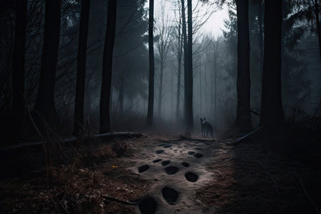 animal tracks and signs in dark and mysterious forest, created with generative aiの素材