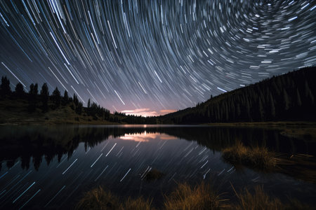 starry sky above tranquil lake, with star trails visible, created with generative aiの素材