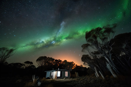wide-angle shot of the aurora australis and the stars in the night sky, created with generative aiの素材