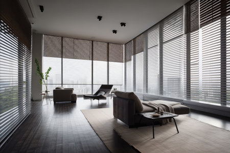 a futuristic room with automated blinds that move and change patterns according to the time of day, created with generative aiの素材