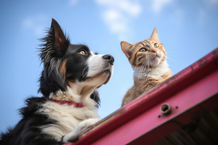 a dog riding the roller coaster, while a cat watches from below, created with generative aiの素材