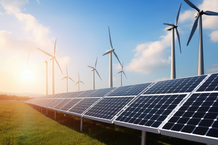 energy company, showcasing its sustainable energy solutions with solar panels and wind turbines, created with generative aiの素材