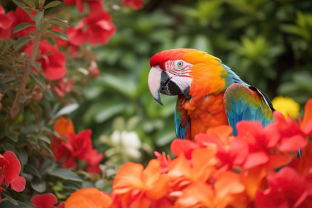 a parrot sitting on a blooming flower, surrounded by lush greenery, created with generative aiの素材