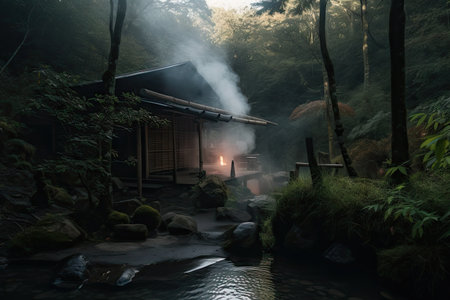 forest hideaway with natural hot spring and steam rising from the water, created with generative aiの素材