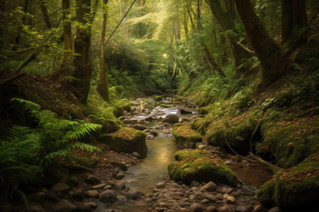 forest with babbling brook and tranquil setting for forest and meditation, created with generative aiの素材