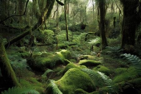 forest ecosystem, with organisms and processes working in tandem to sustain the forest, created with generative aiの素材